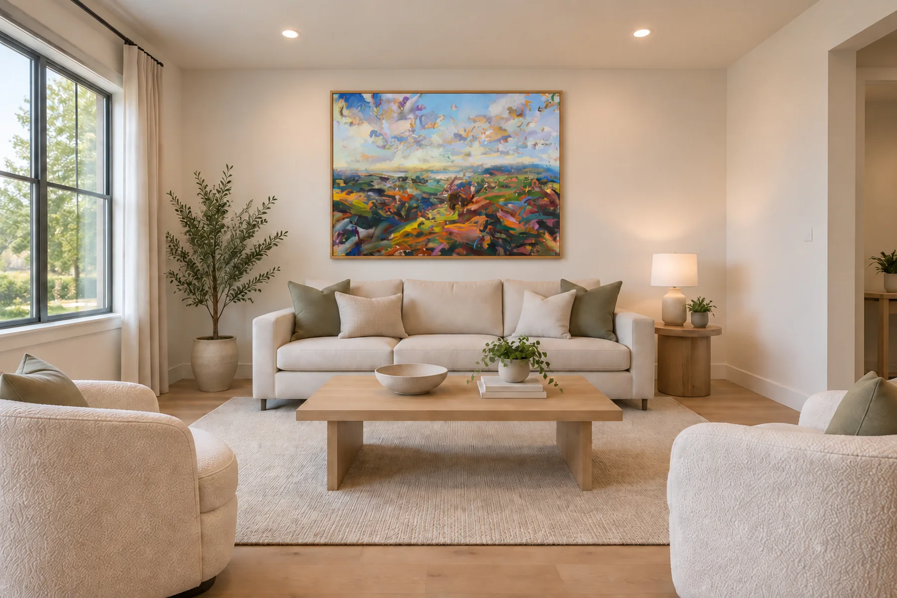 A bright staged living space with a cream sofa, an oak coffee table and two boucle armchairs: one framed landscape painting of colorful hills and a cloudy sky is centered above the sofa, the only art in the shot.