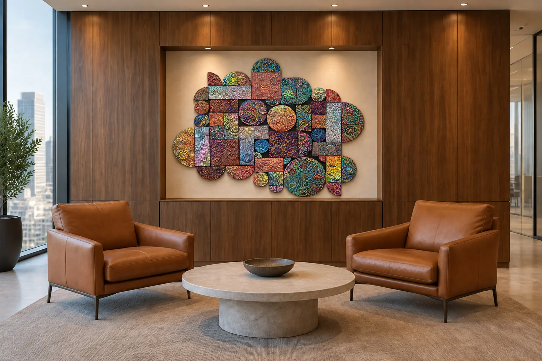 A meeting lounge on a high floor with walnut paneling and two cognac leather chairs: a wall work of glazed ceramic discs and tiles in rust, teal and gold fills the plaster niche above a low walnut ledge.