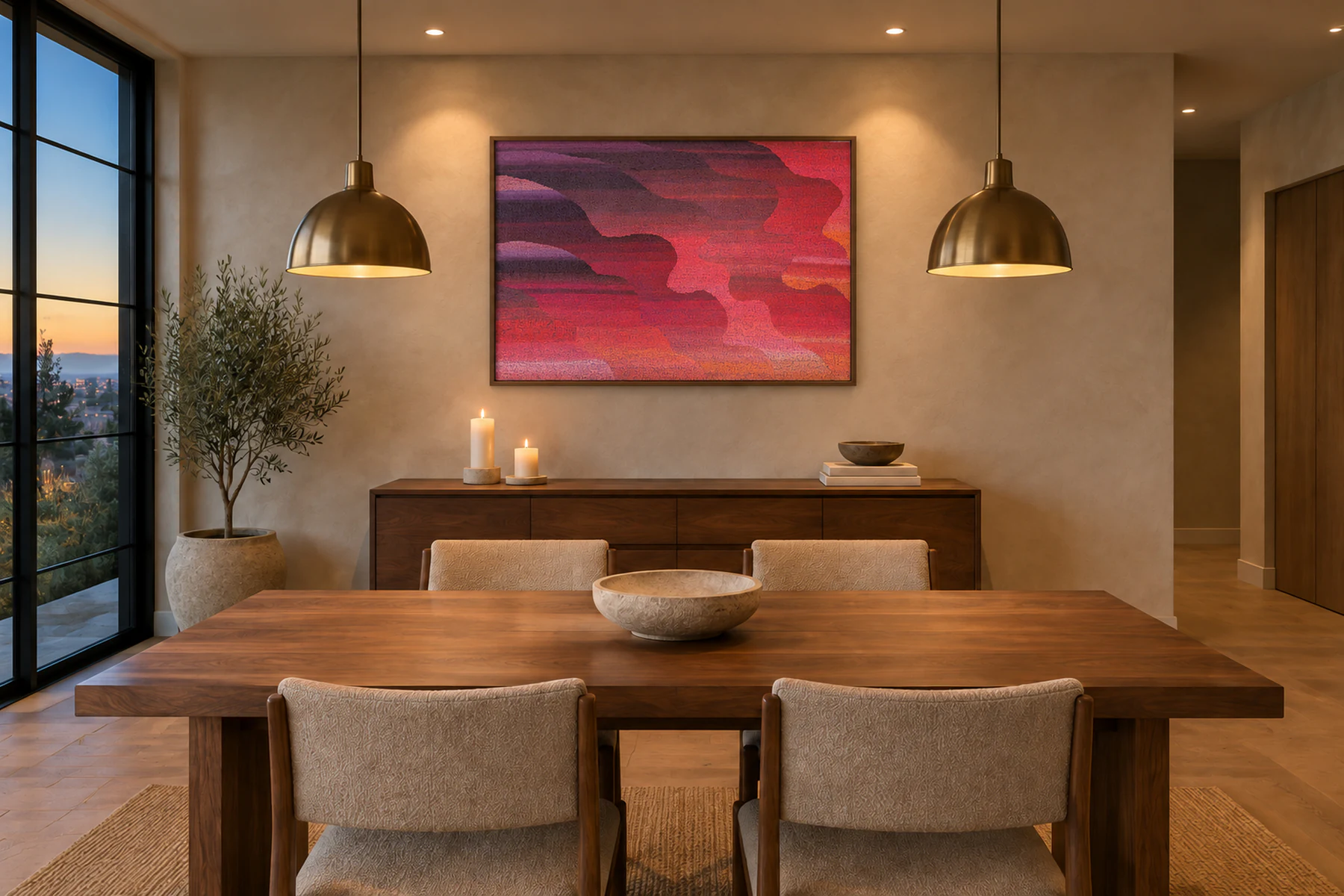 The same dining space with a framed abstract of rippling crimson, magenta and plum bands between the pendants, above the sideboard.
