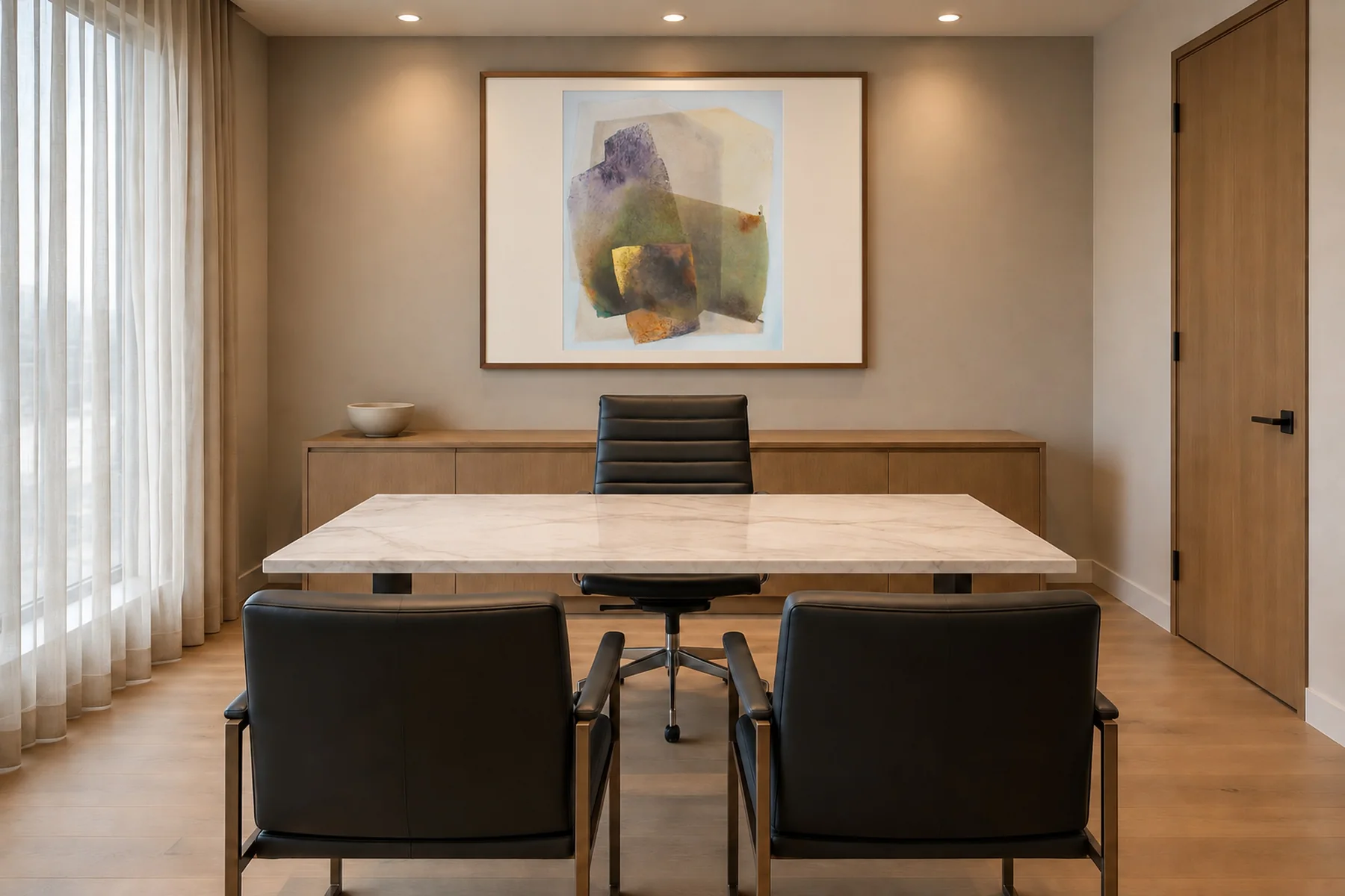 A client meeting space with a white marble table and black leather chairs: above a low oak credenza, a matted abstract of layered translucent shapes in olive, violet and ochre hangs in a walnut frame.
