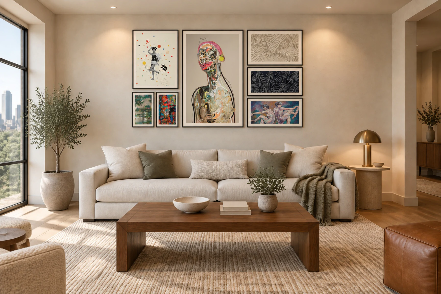 The same living space with a gallery wall of seven framed works, a tall portrait at its center, hung as one group above the sofa.