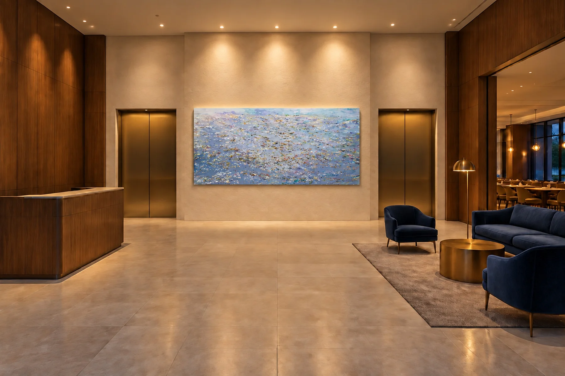 A hotel lobby at evening with stone floors and walnut walls: a wide painting of shimmering water in blue, lilac and pale gold hangs on the lit plaster wall between two bronze elevator doors, facing the entrance.