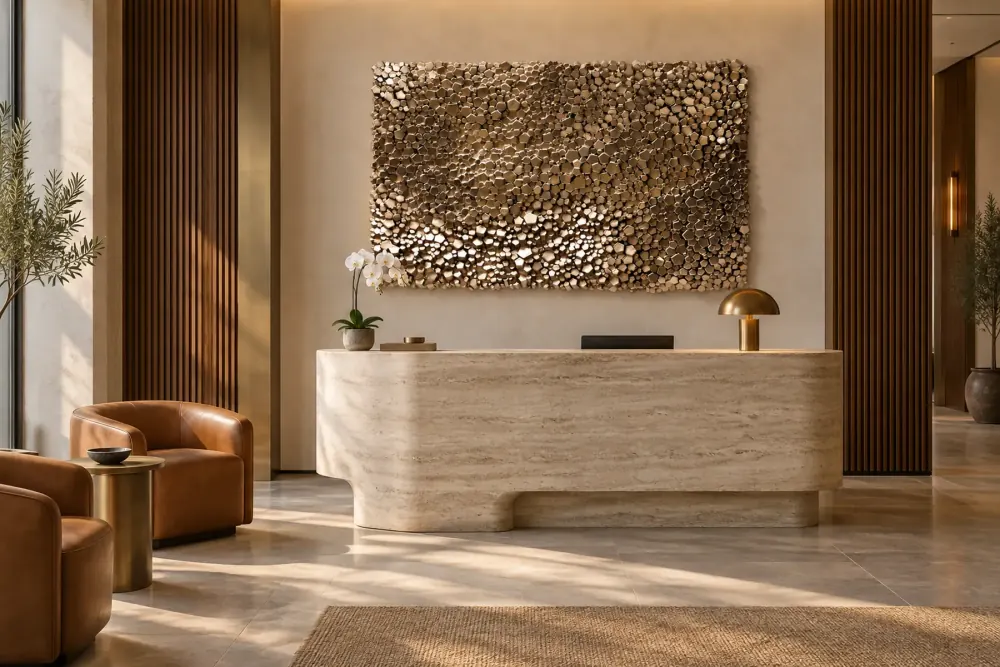 A hotel lobby in late sun: a large relief of bronze and gold discs above a curved travertine desk, cognac leather club chairs at left.