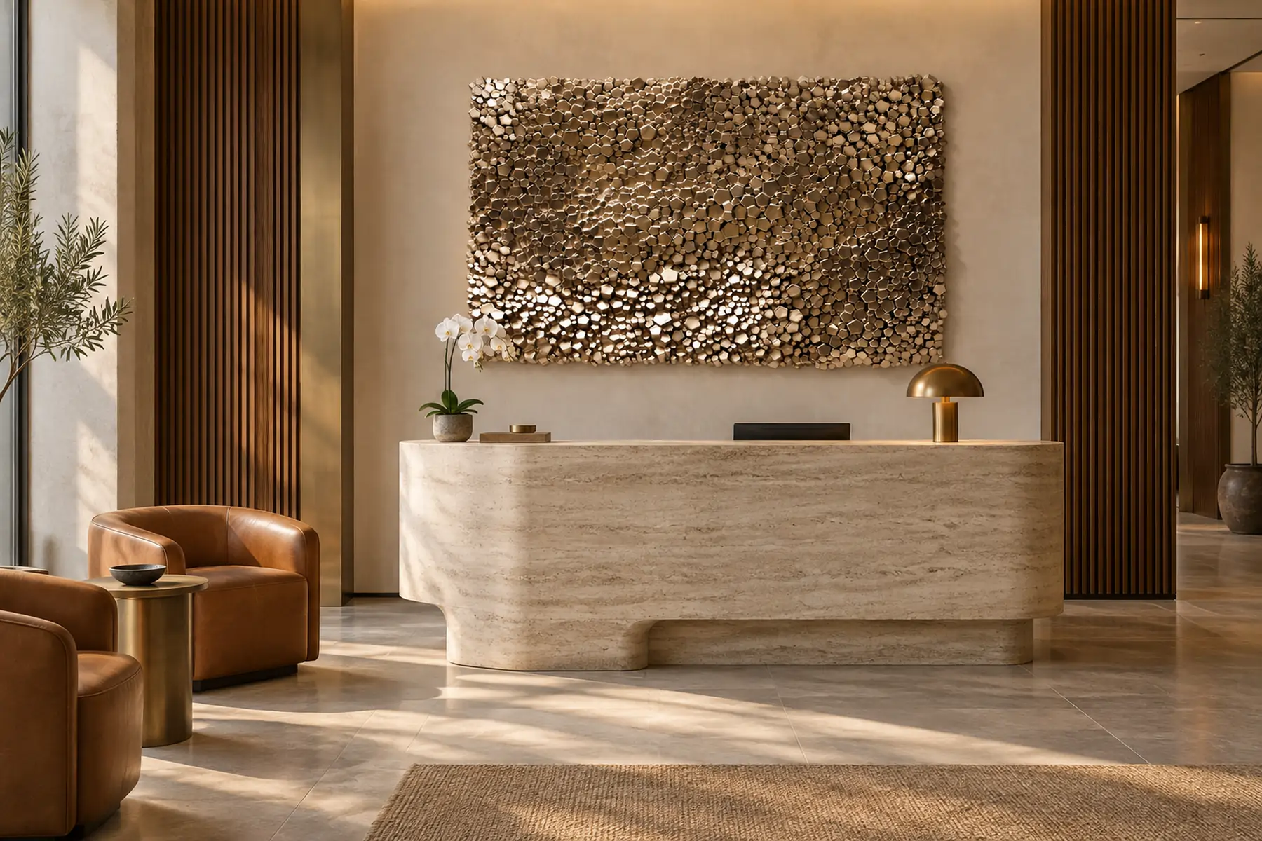 A hotel lobby in late sun: a large relief of bronze and gold discs above a curved travertine desk, cognac leather club chairs at left.