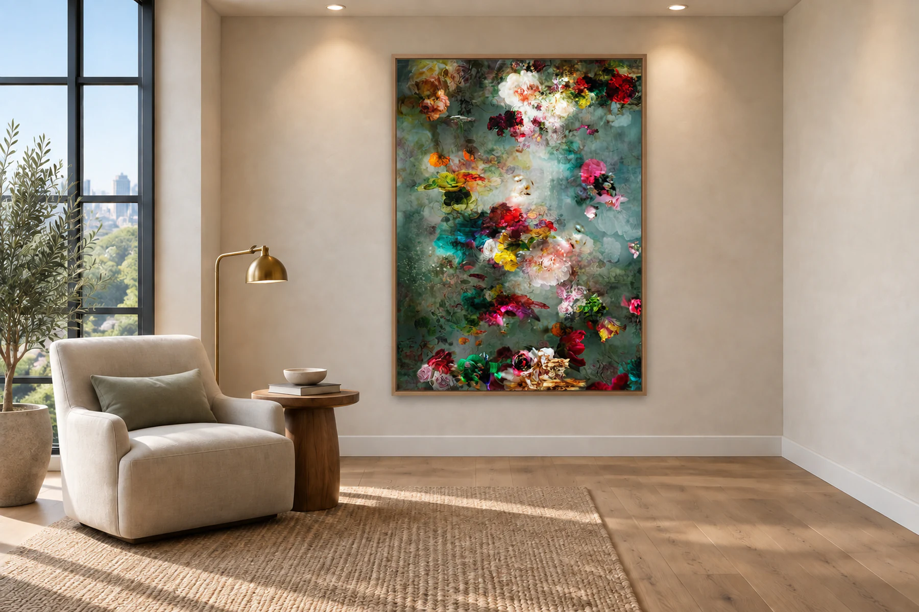 The same reading corner with one tall painting of crimson, pink and white flowers on a dark green ground hung on the free wall.