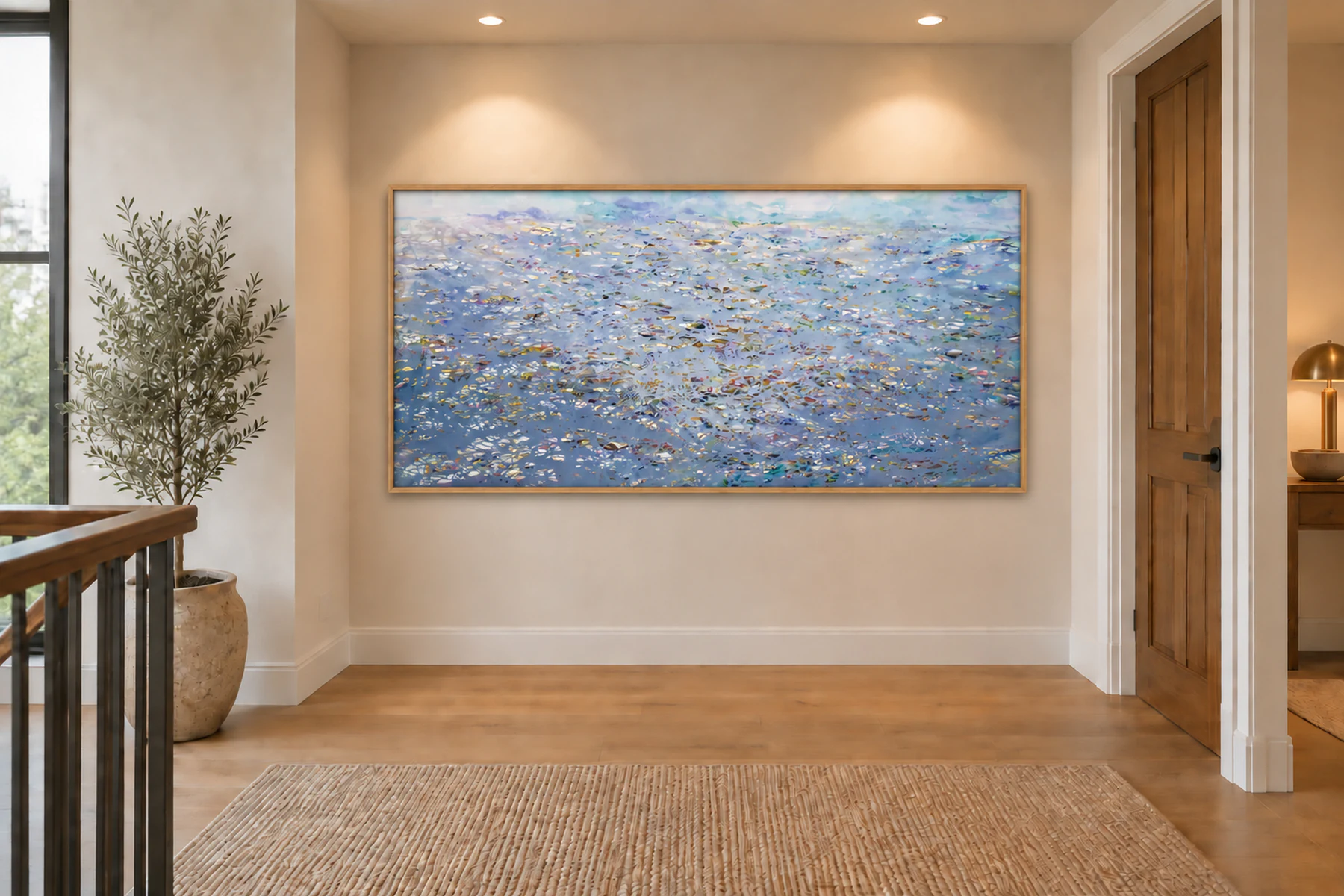 The same landing with one wide painting of shimmering water in blue, lilac and pale gold hung centered at eye level on the wall.