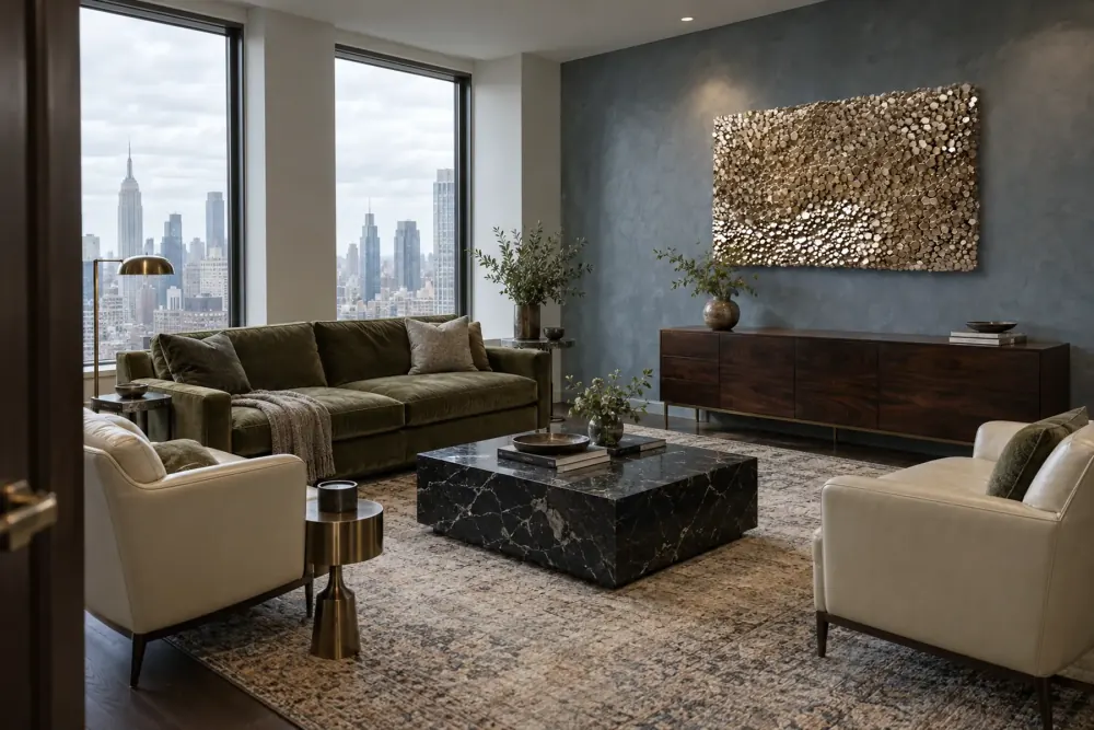 A salon with a relief of bronze and gold discs on a blue grey wall above a walnut credenza, an olive sofa and city windows.