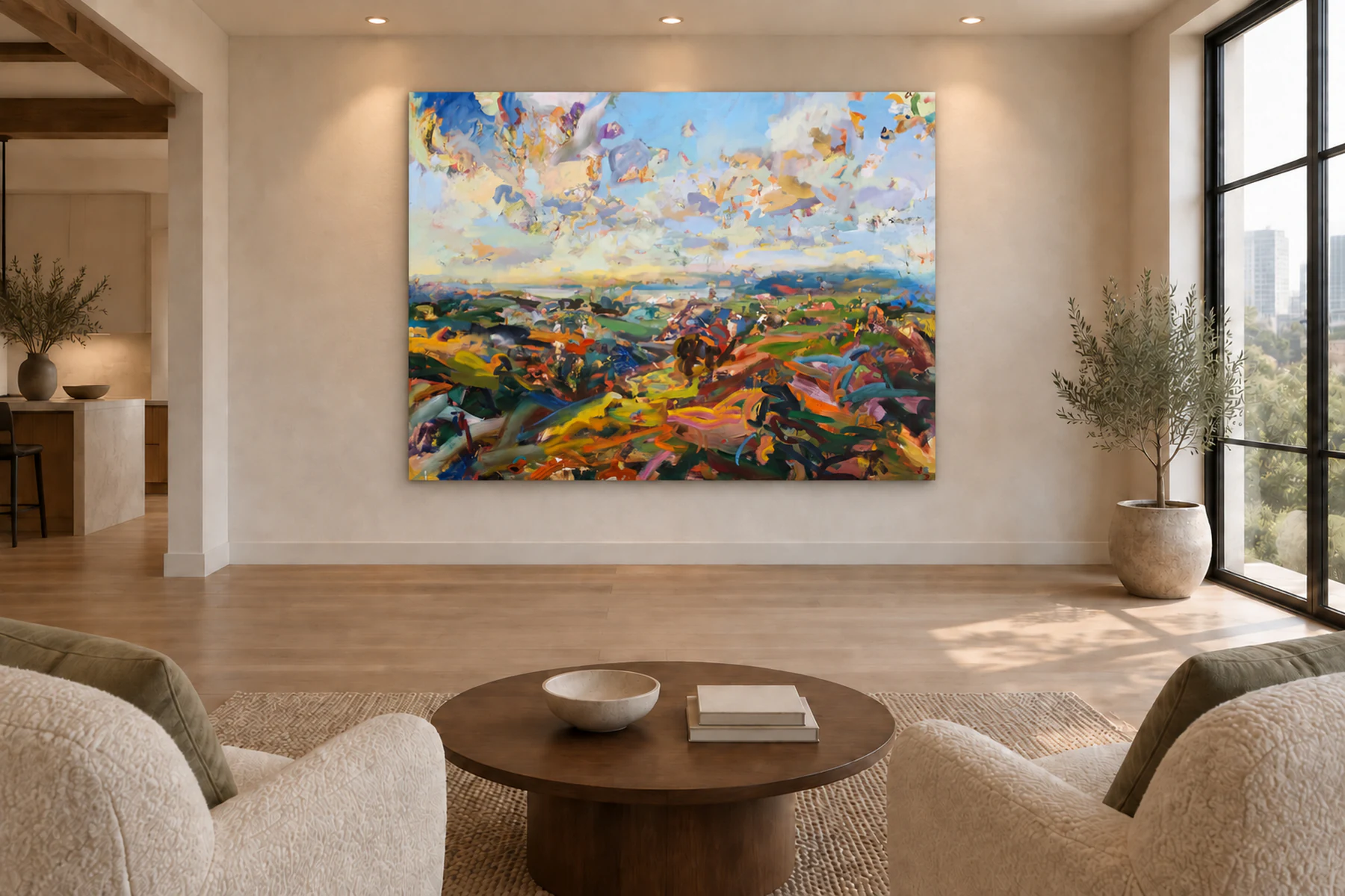 The same living space with one large unframed landscape of colorful hills under a cloudy sky filling the middle of the tall wall.