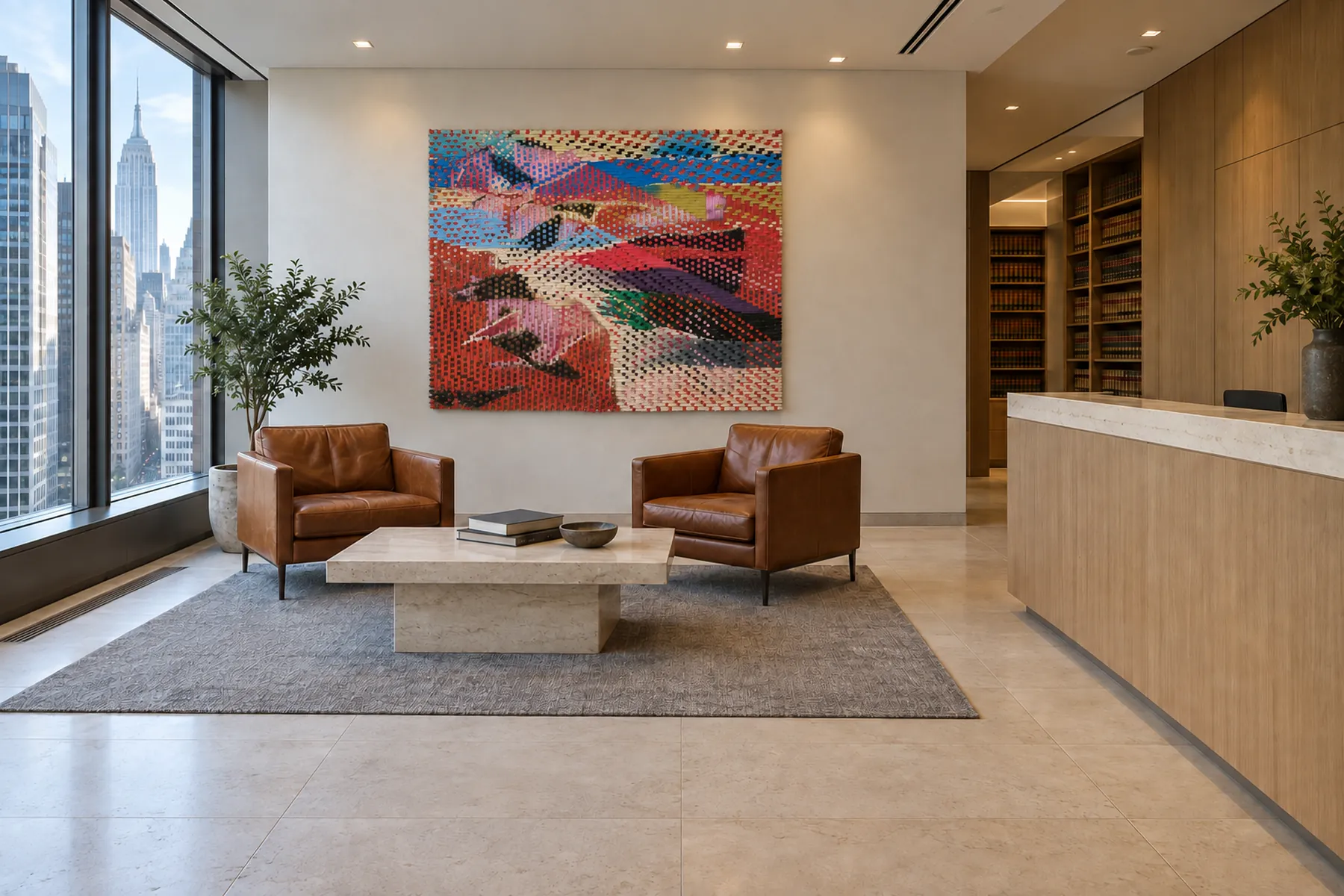 A reception over Manhattan: a large unframed woven abstract in red, pink and blue above two cognac leather chairs, books on shelves at right.