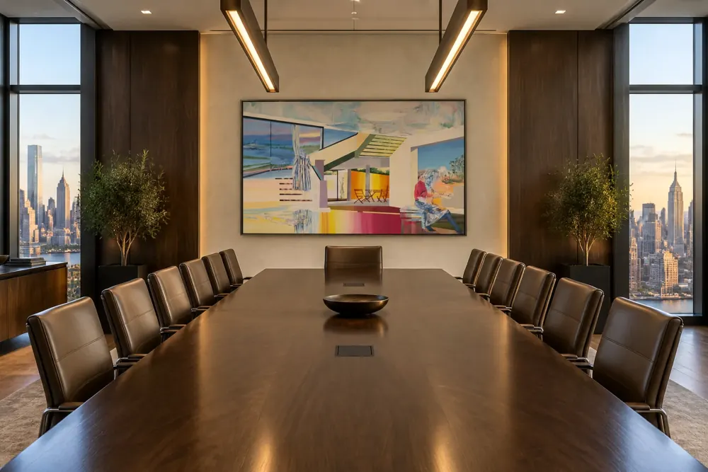 A long walnut table with skyline windows on both sides, a wide colorful painting of a modern interior on the end wall.