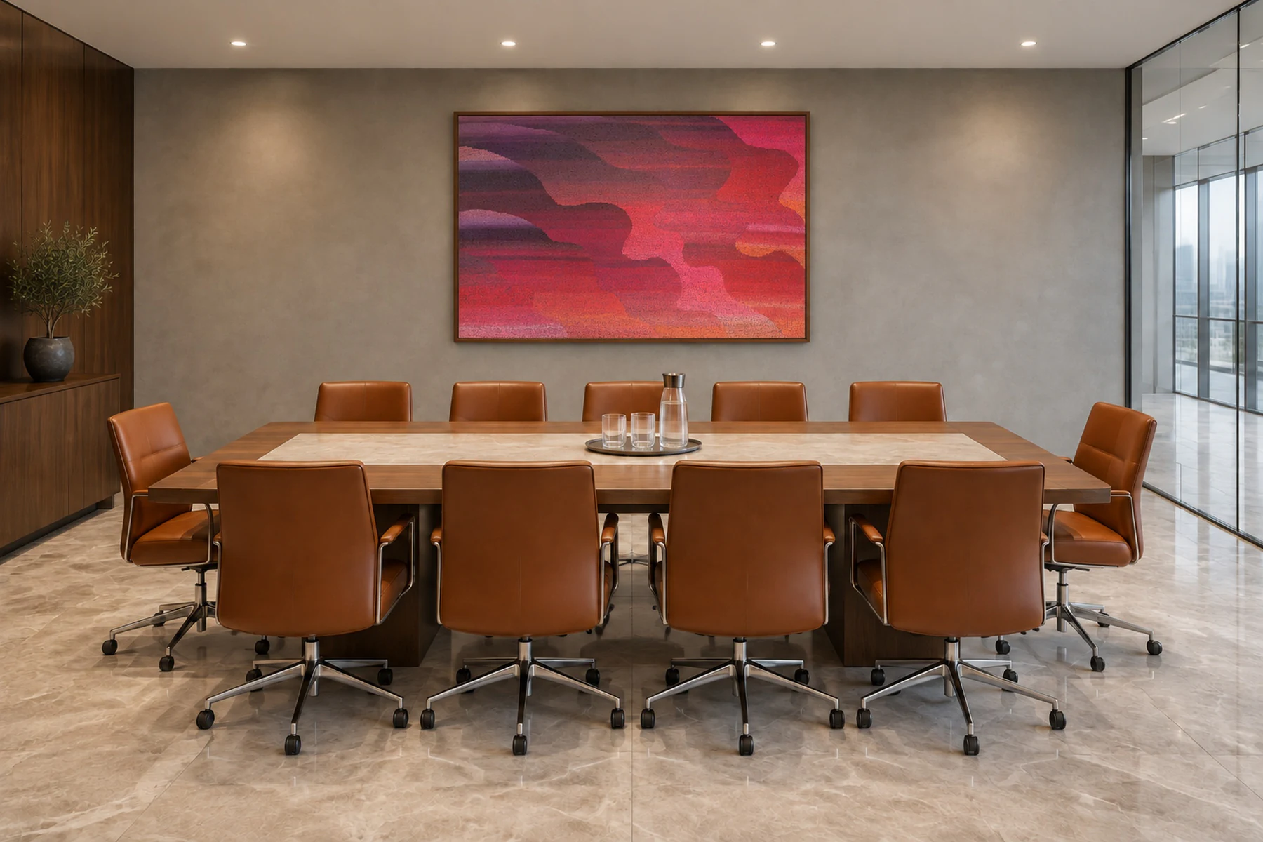 The same conference room with one wide abstract in crimson, rose and plum centered on the long wall above the leather chairs.