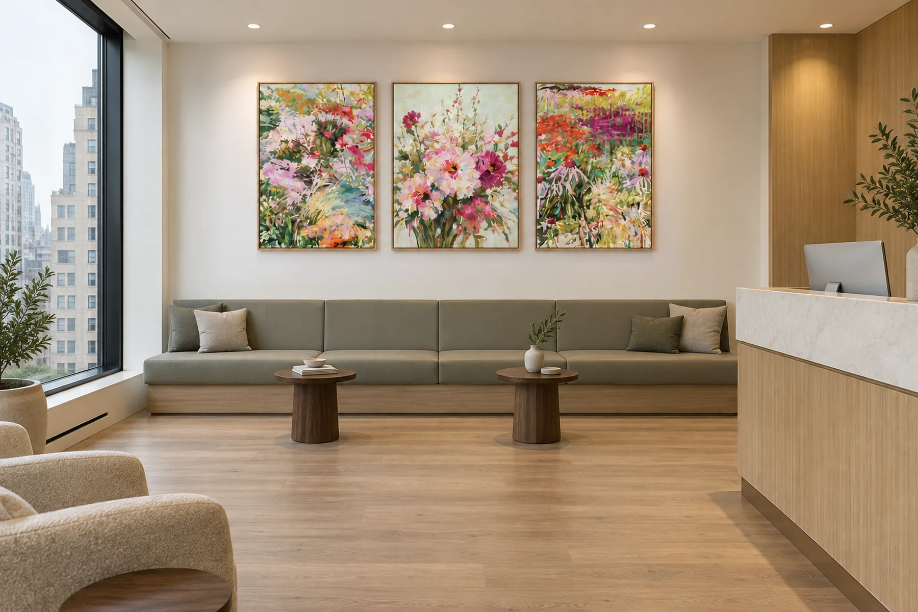 A waiting area: three paintings of garden flowers in pinks, reds and greens above a long sage bench, a reception desk at right.