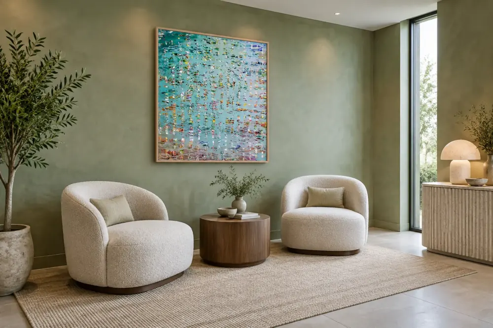 A lounge with a sage plaster wall, a turquoise abstract of small bright strokes above two ivory boucle chairs and a walnut table.