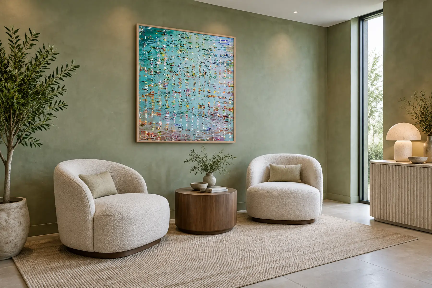 A lounge with a sage plaster wall, a turquoise abstract of small bright strokes above two ivory boucle chairs and a walnut table.