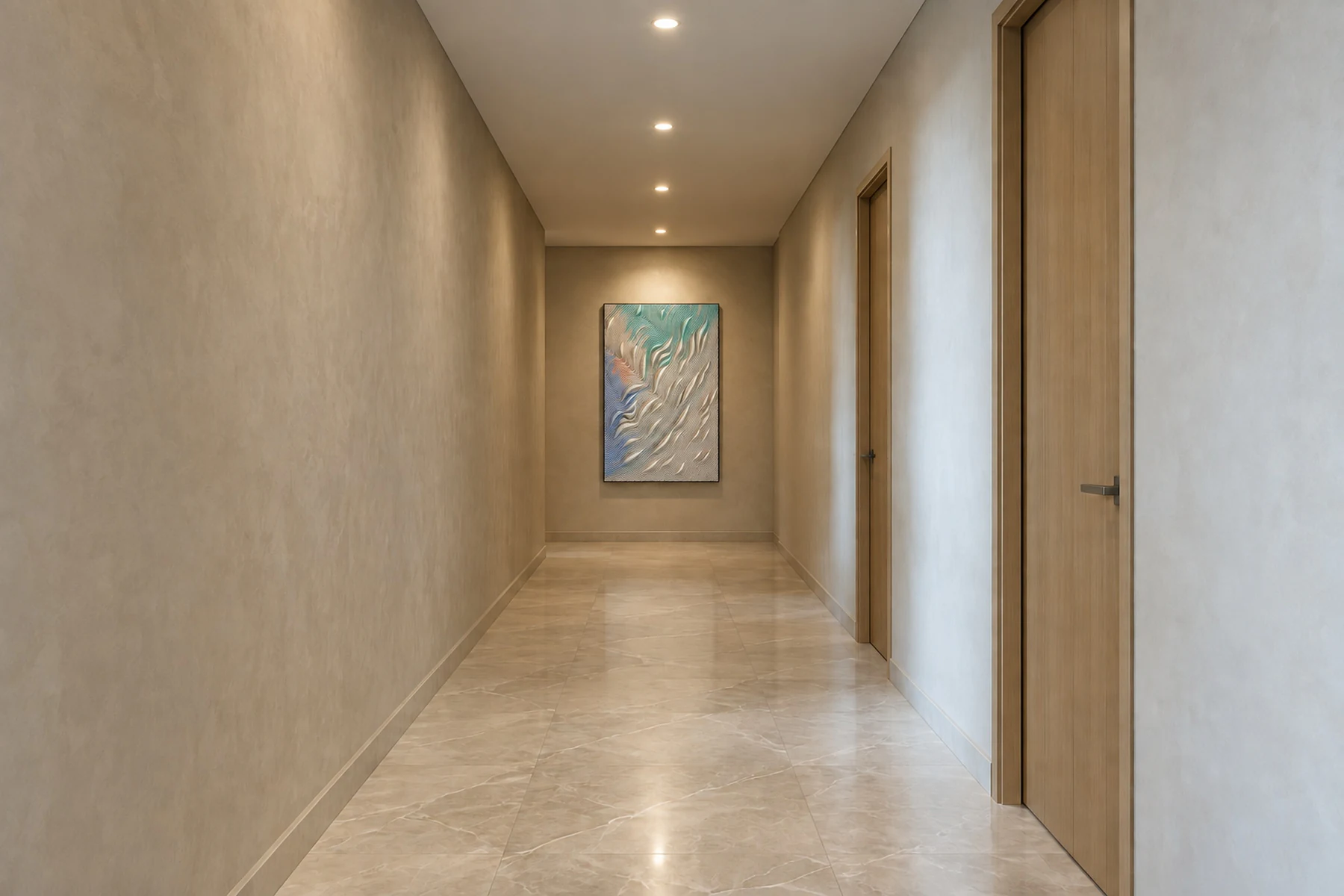 The same office corridor with one tall textured abstract in teal and pearl white centered on the end wall, closing the view.
