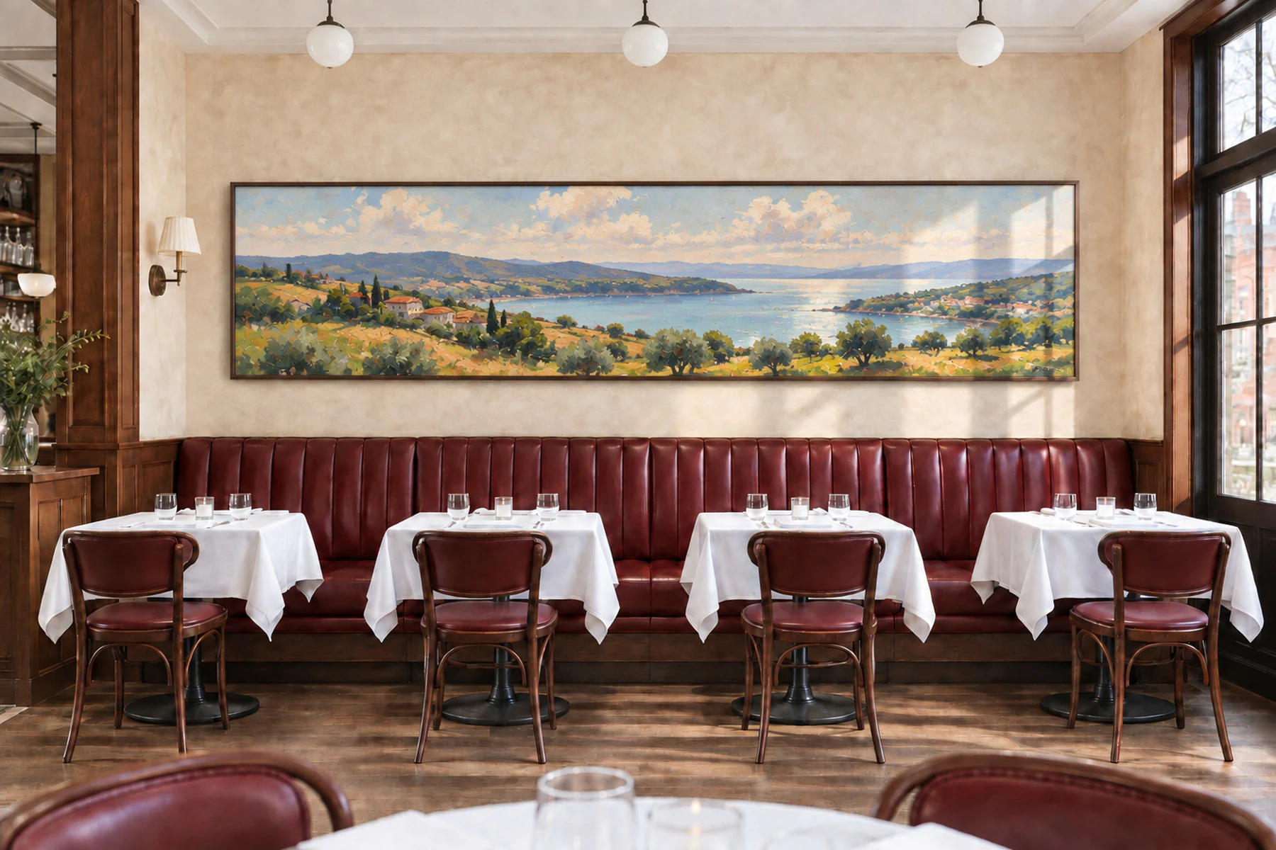 The same bistro with one long panoramic landscape of a lake and hills hung above the banquette, spanning most of the wall.
