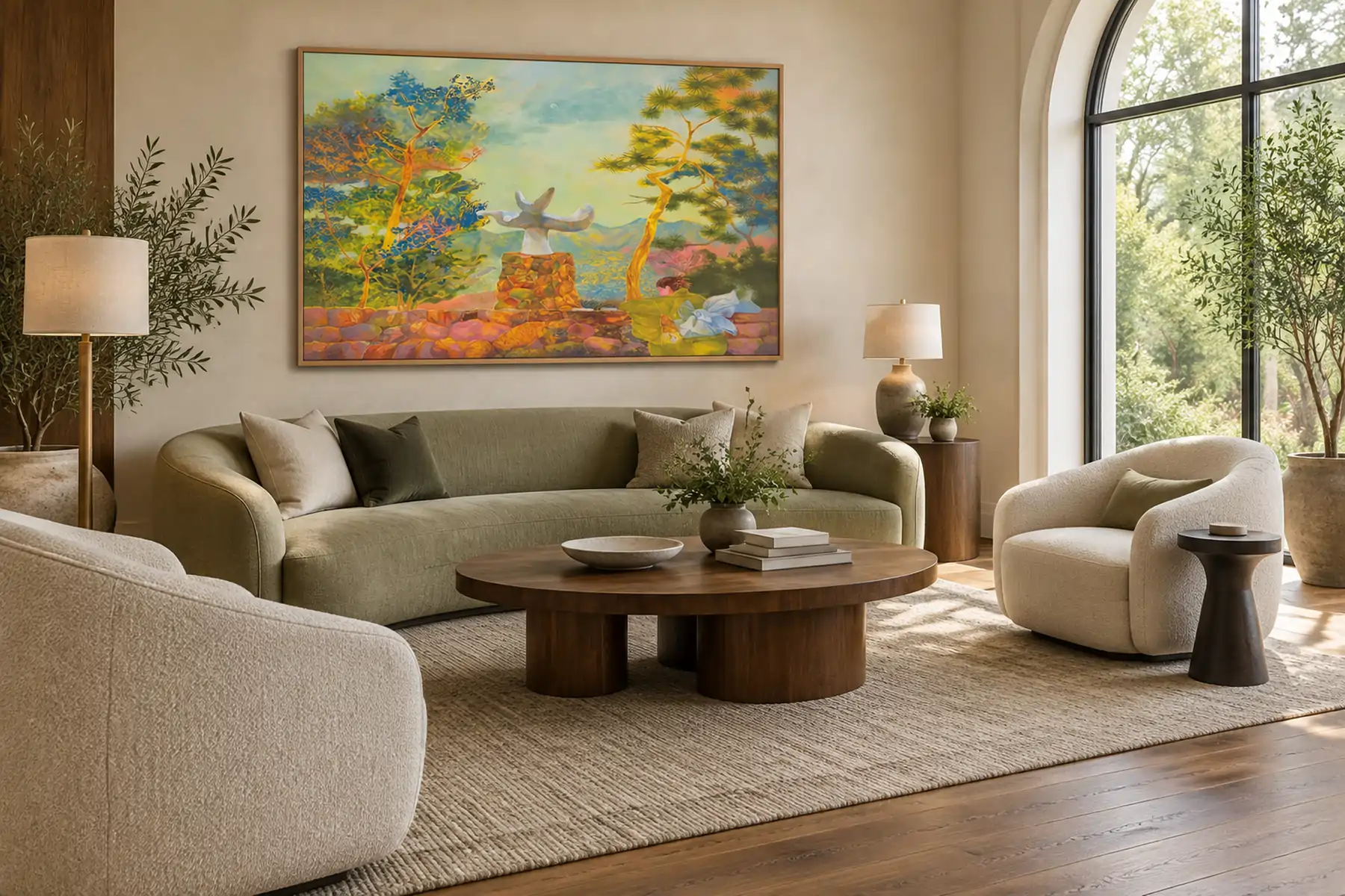 A lounge with a large painted landscape of trees and hills in greens, golds and pinks above a sage sofa, an arched garden window.