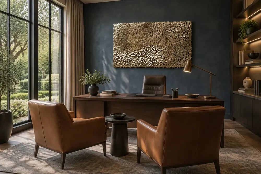 An office with a bronze and gold disc relief on a navy plaster wall behind a walnut desk, two cognac leather chairs and garden windows.