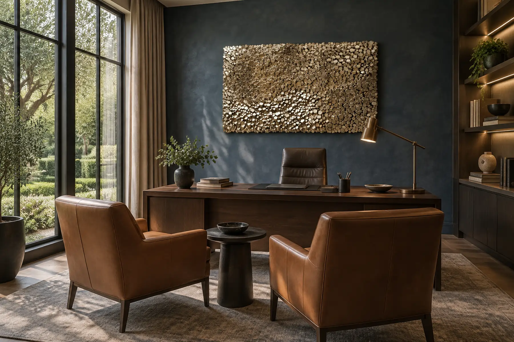 An office with a bronze and gold disc relief on a navy plaster wall behind a walnut desk, two cognac leather chairs and garden windows.